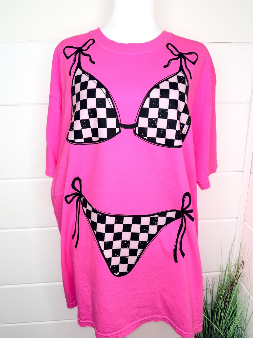 Hot Pink Graphic Bikini Print Tee Swim Cover 90s Style